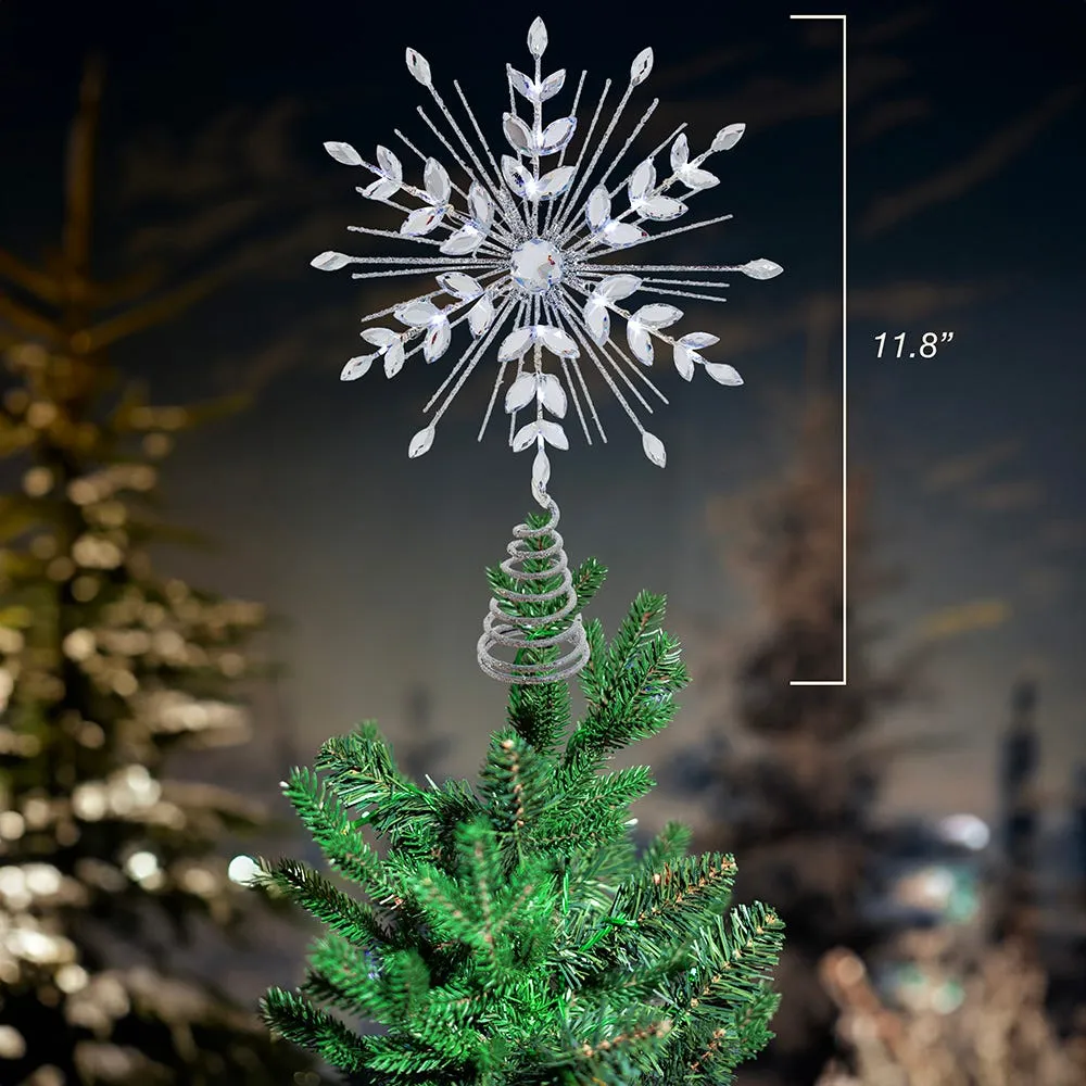 11.75. Inch 18-Light cool White Micro LED Silver Glittered Snowflake Treetopper