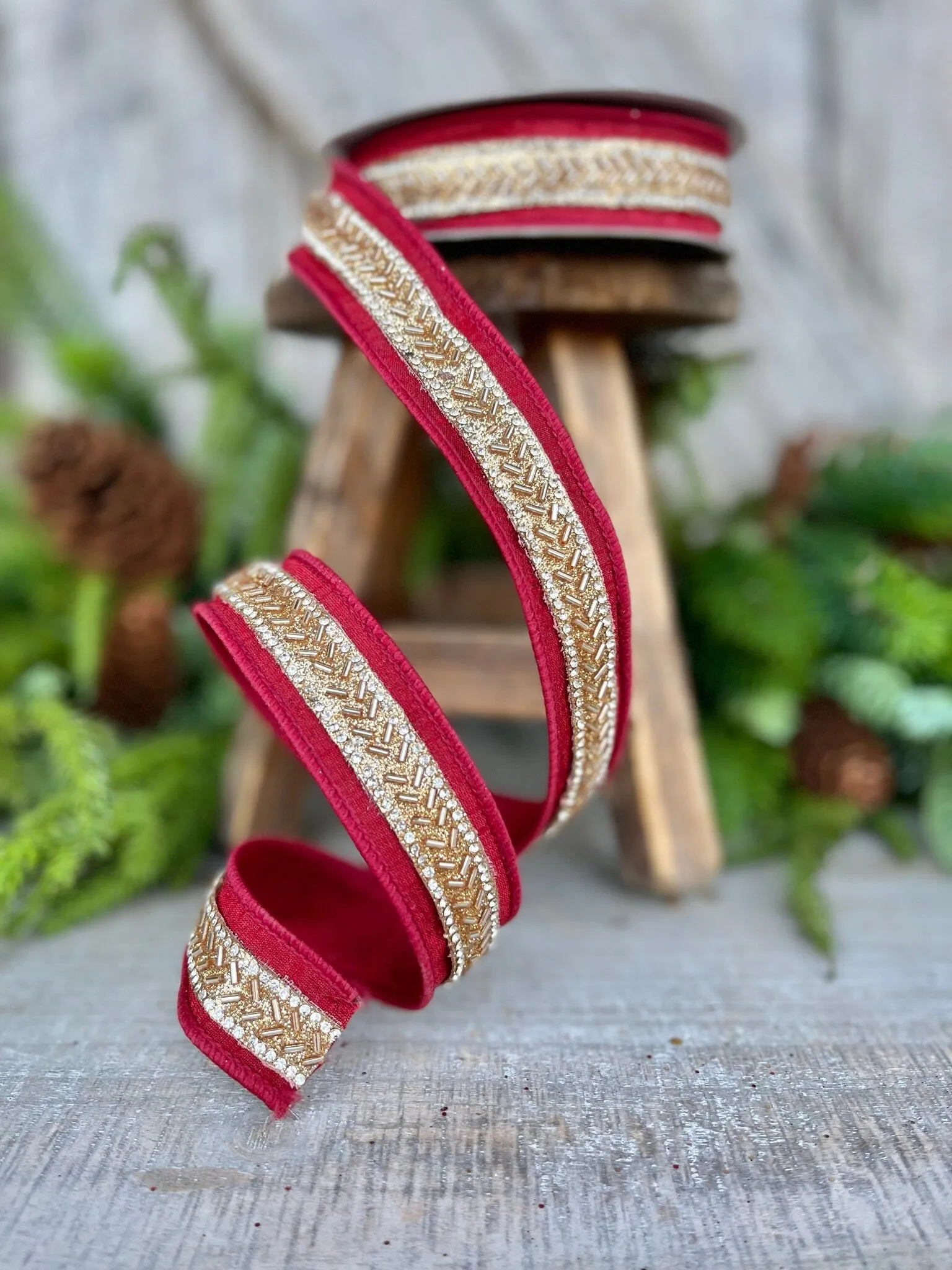 1" Burgundy Beaded RIbbon, Farrisilk Ribbon