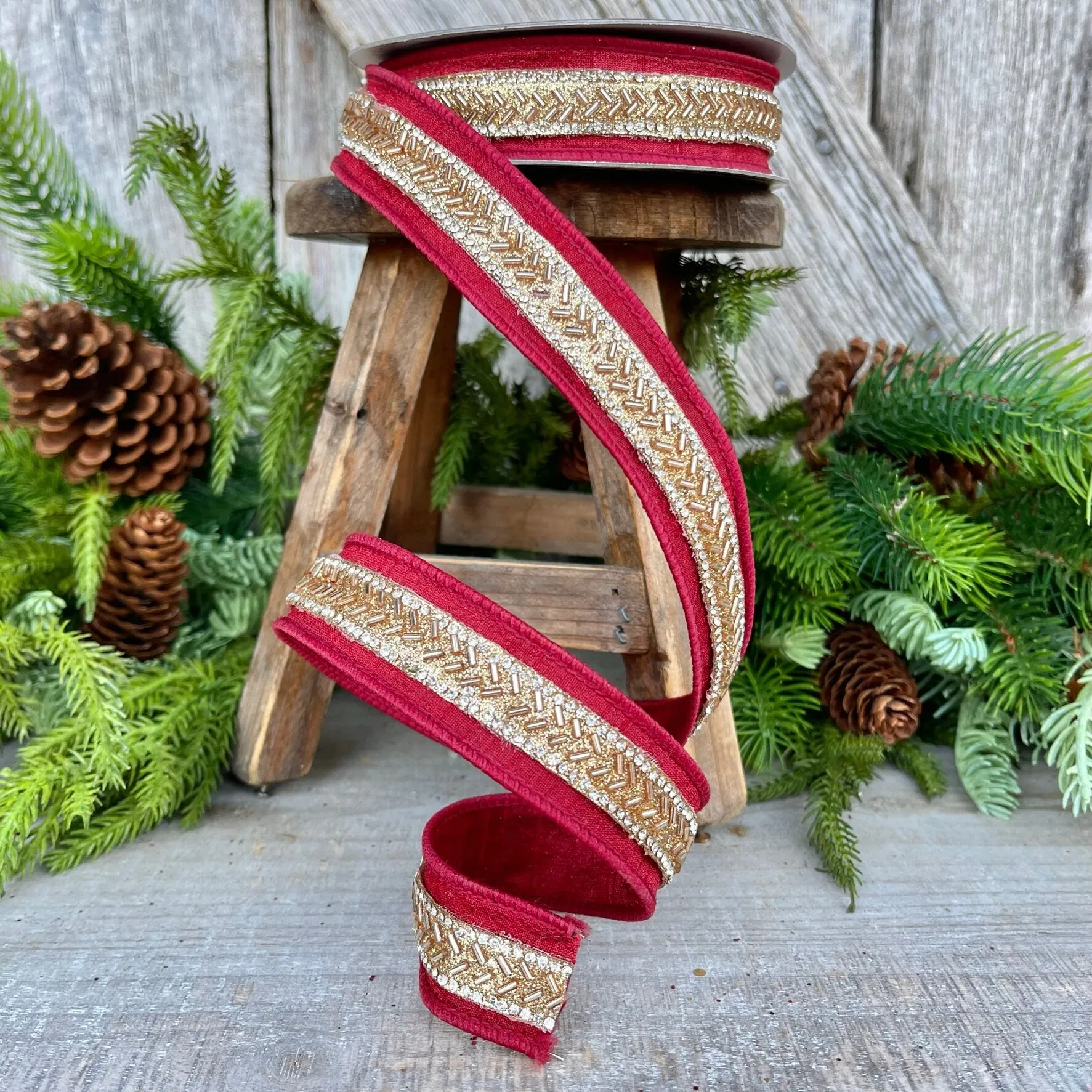 1" Burgundy Beaded RIbbon, Farrisilk Ribbon