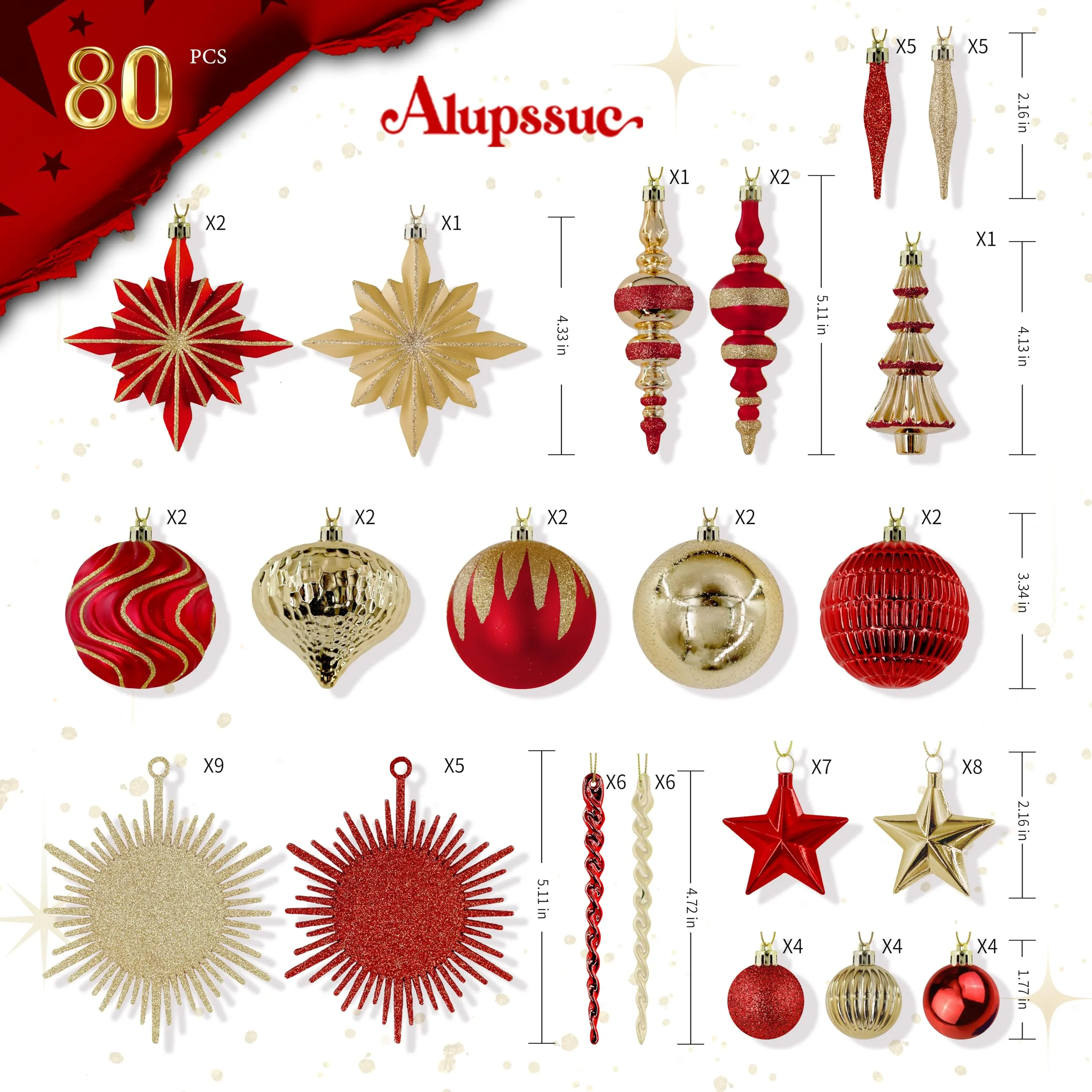 80pcs Red and Gold Christmas Balls Ornaments Set with Lanyards