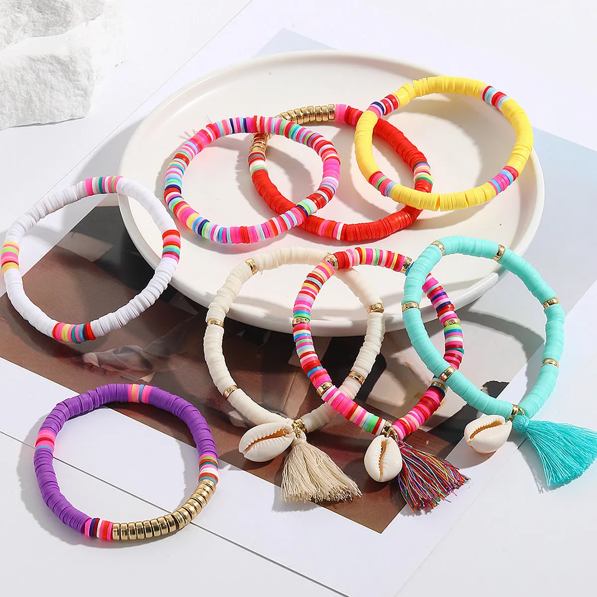 Bracelet Set Bracelet Multicolored Tassel Polymer Clay Shell Bohemian Bracelet