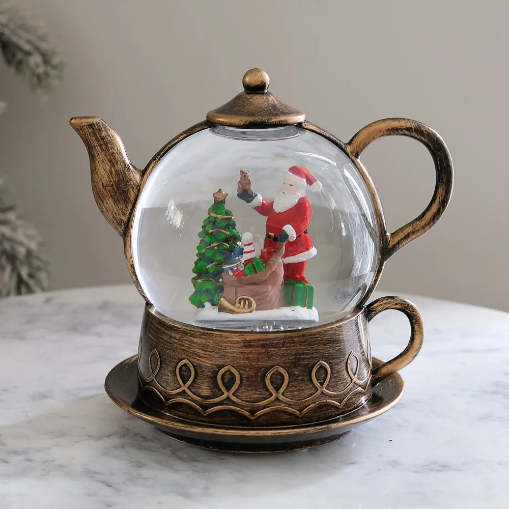 Christmas Musical Water Lantern Vintage Teapot Snowglobe with Swirling Confetti