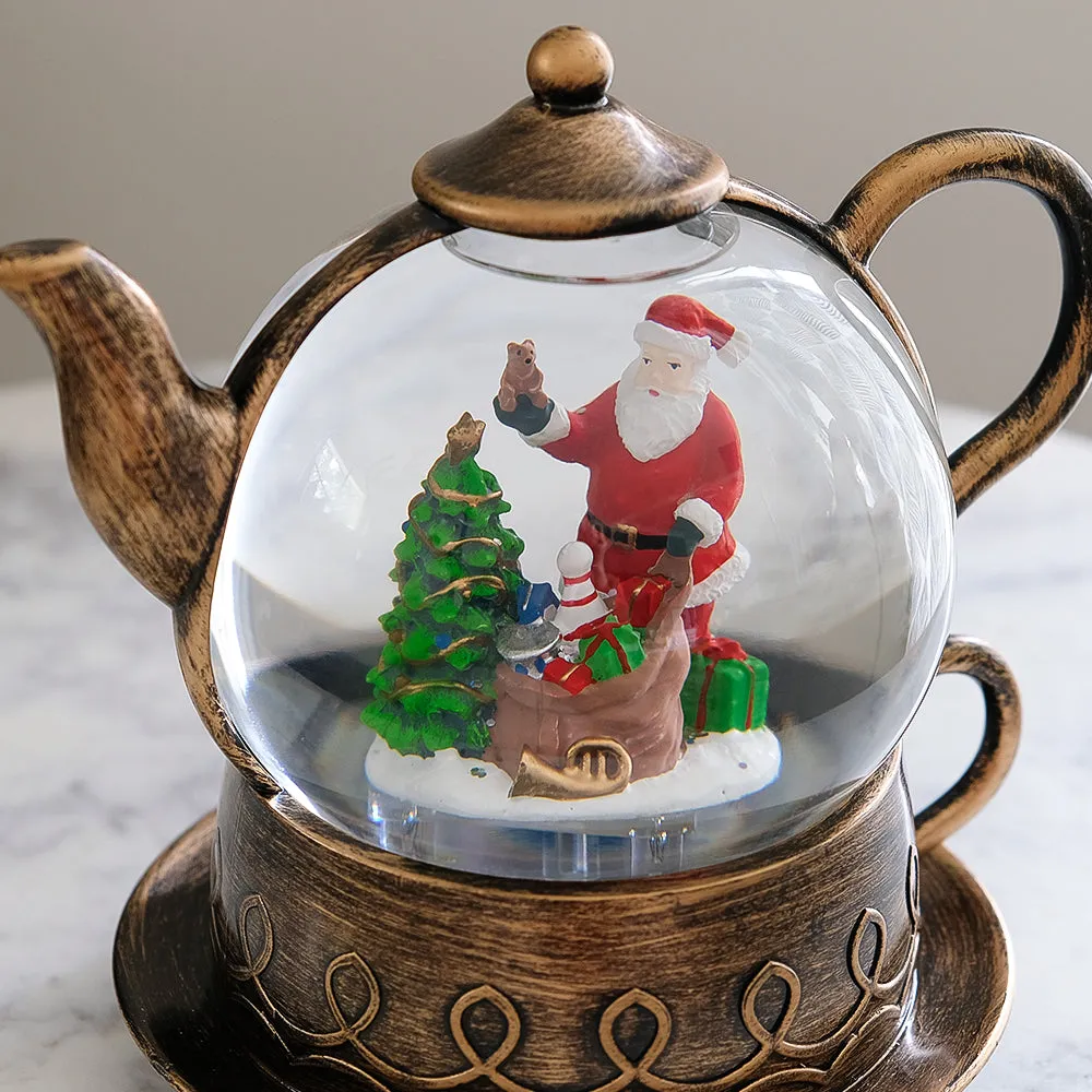 Christmas Musical Water Lantern Vintage Teapot Snowglobe with Swirling Confetti