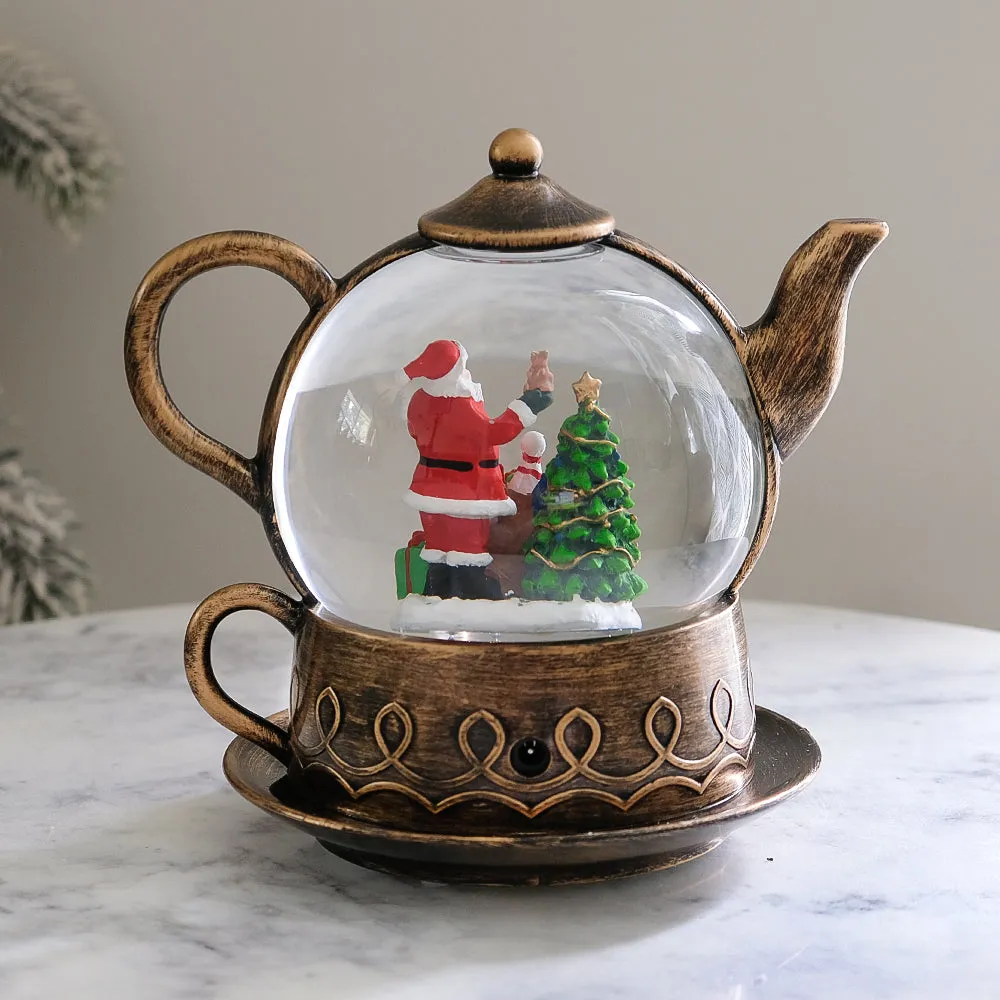 Christmas Musical Water Lantern Vintage Teapot Snowglobe with Swirling Confetti