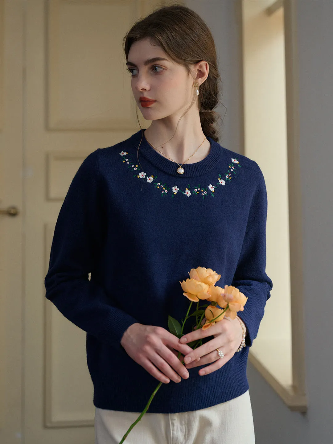 【Final Sale】Elsa Floral Embroidery Christmas Blue Knit Sweater