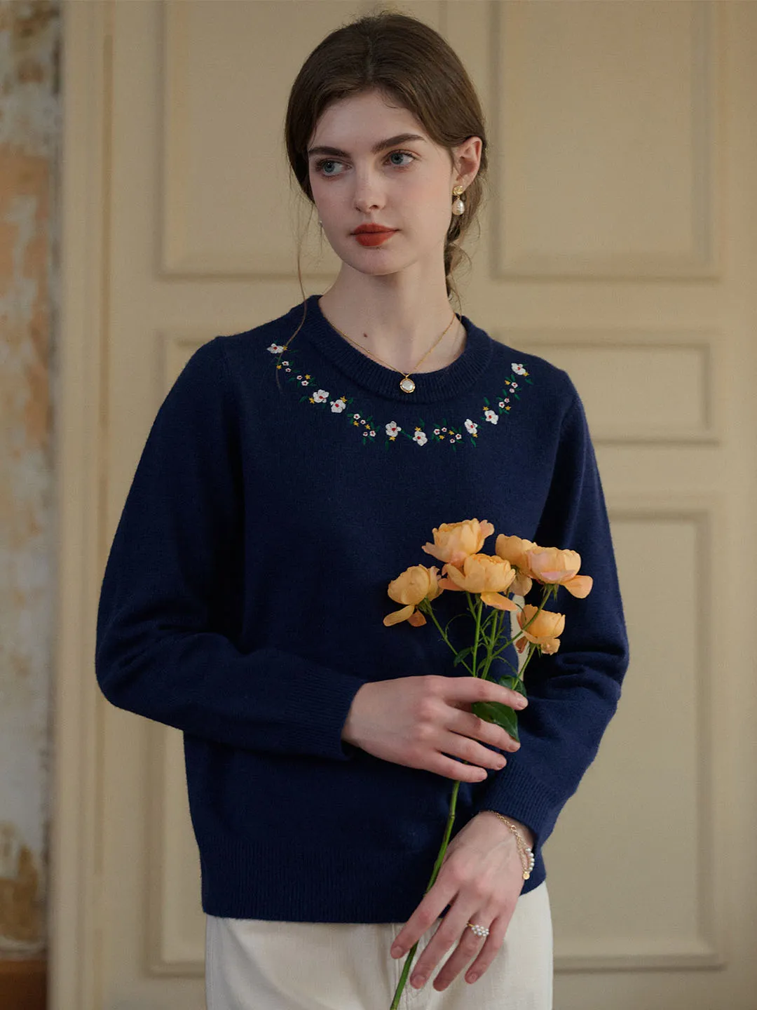 【Final Sale】Elsa Floral Embroidery Christmas Blue Knit Sweater