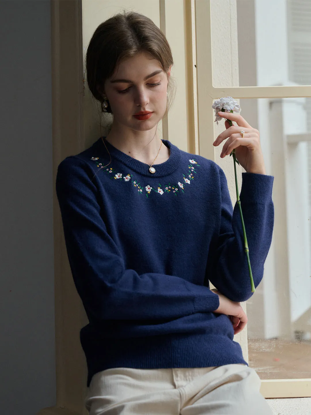 【Final Sale】Elsa Floral Embroidery Christmas Blue Knit Sweater