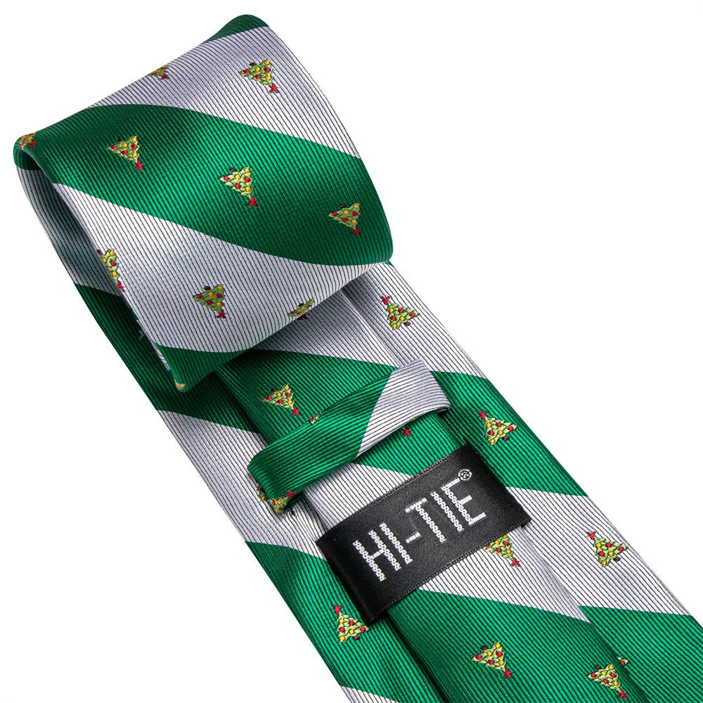 Hi-Tie Christmas Green White Striped Tie Pocket Square Cufflinks Set