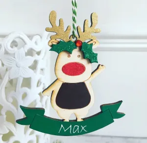 Personalised Reindeer Christmas Tree Decoration - Green